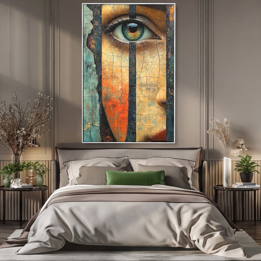 Tablou canvas cu tablou canvas cu ochi printre gratii, in rama de aluminiu argintiu, pe perete intr-un dormitor